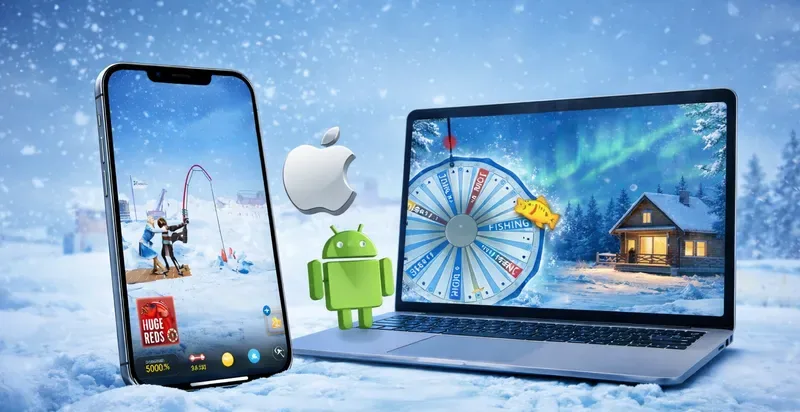 El juego Ice Fishing en un smartphone y un portátil en un entorno nevado