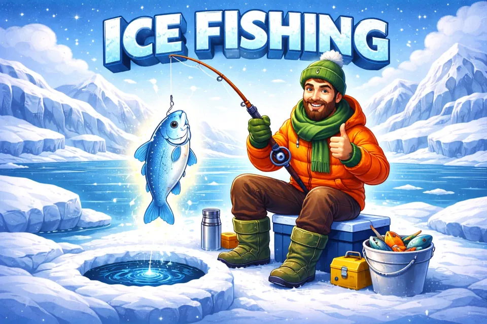Pescador de dibujos animados con un pez brillante — Ice Fishing en modo gratis