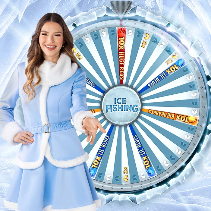 Presentadora de Ice Fishing Live junto a la rueda helada de 53 casillas