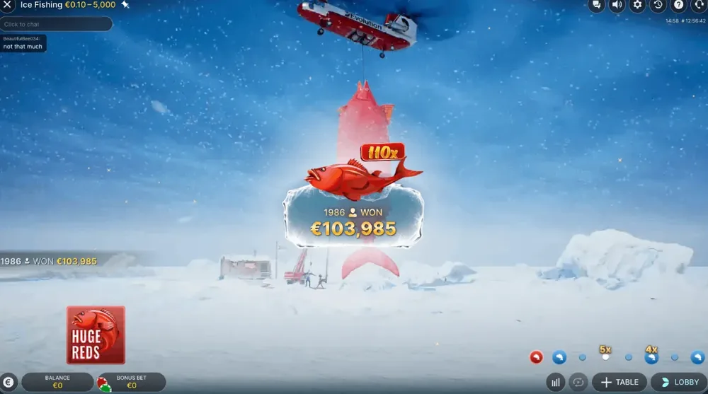 Resultado Huge Reds de Ice Fishing Live con un gran premio multiplicado